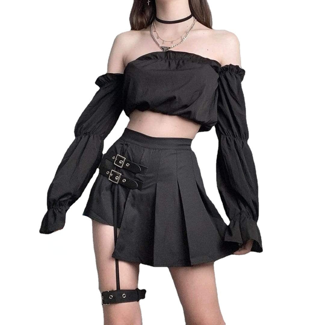 Damen Punk JK Schwarzer Faltenrock mit hoher Taille und Beinring - Gothic Shop