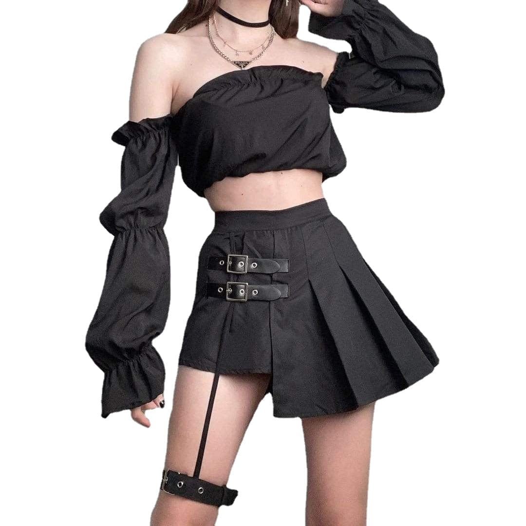 Damen Punk JK Schwarzer Faltenrock mit hoher Taille und Beinring - Gothic Shop
