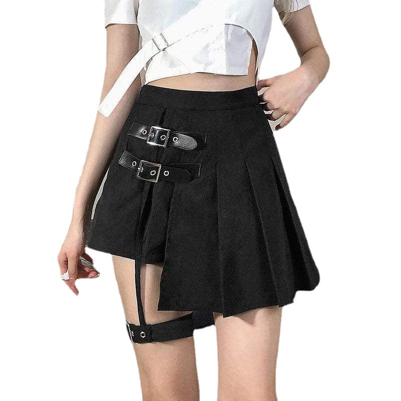 Damen Punk JK Schwarzer Faltenrock mit hoher Taille und Beinring - Gothic Shop