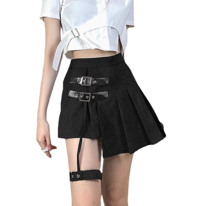 Damen Punk JK Schwarzer Faltenrock mit hoher Taille und Beinring - Gothic Shop