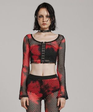 Damen Punk Mesh Batik-Crop-Top mit langen Ärmeln in Schwarz-Rot - Gothic Shop