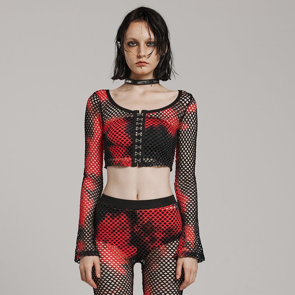 Damen Punk Mesh Batik-Crop-Top mit langen Ärmeln in Schwarz-Rot - Gothic Shop