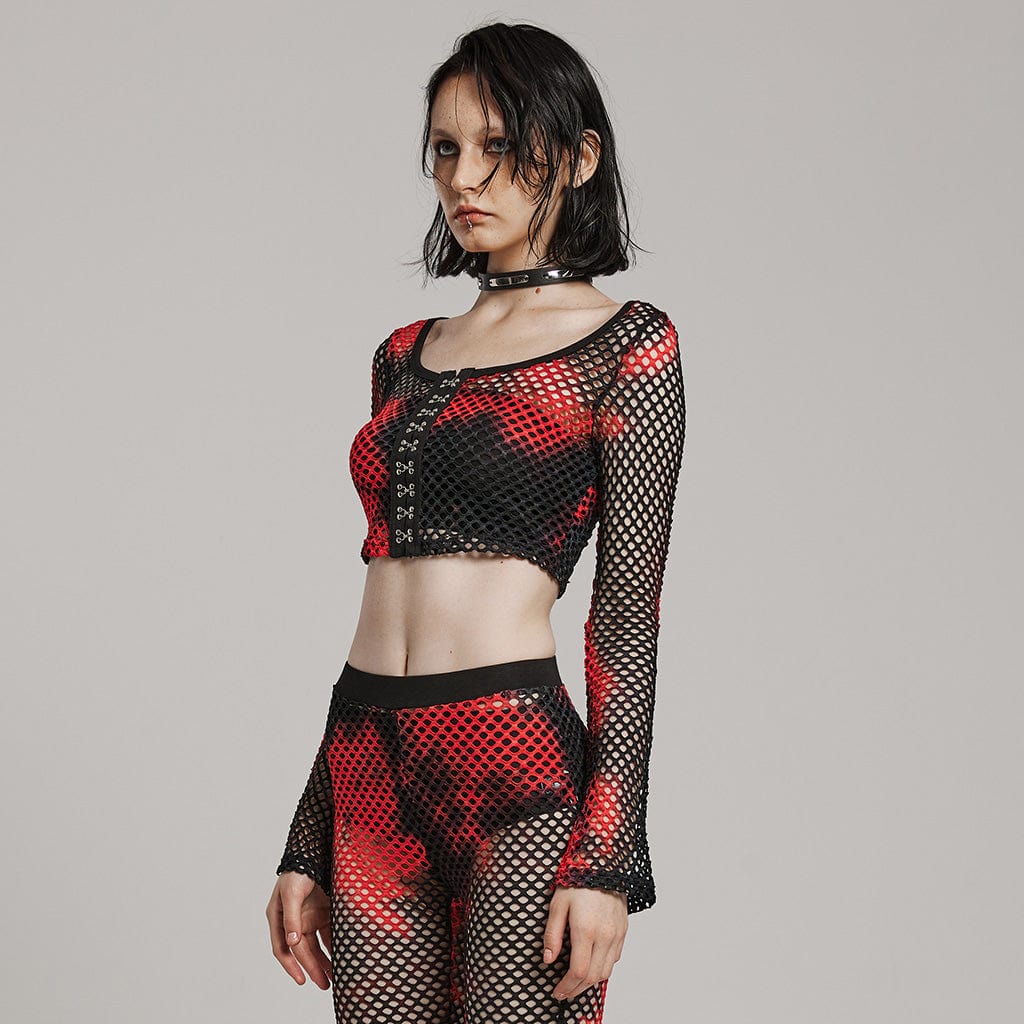 Damen Punk Mesh Batik-Crop-Top mit langen Ärmeln in Schwarz-Rot - Gothic Shop