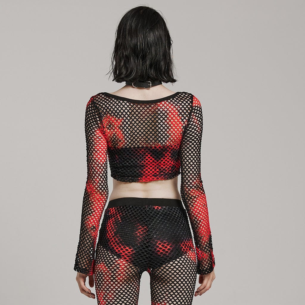 Damen Punk Mesh Batik-Crop-Top mit langen Ärmeln in Schwarz-Rot - Gothic Shop