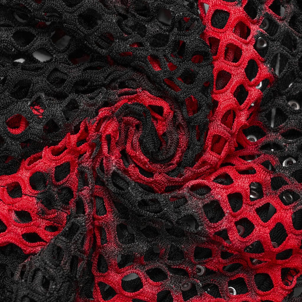Damen Punk Mesh Batik-Crop-Top mit langen Ärmeln in Schwarz-Rot - Gothic Shop