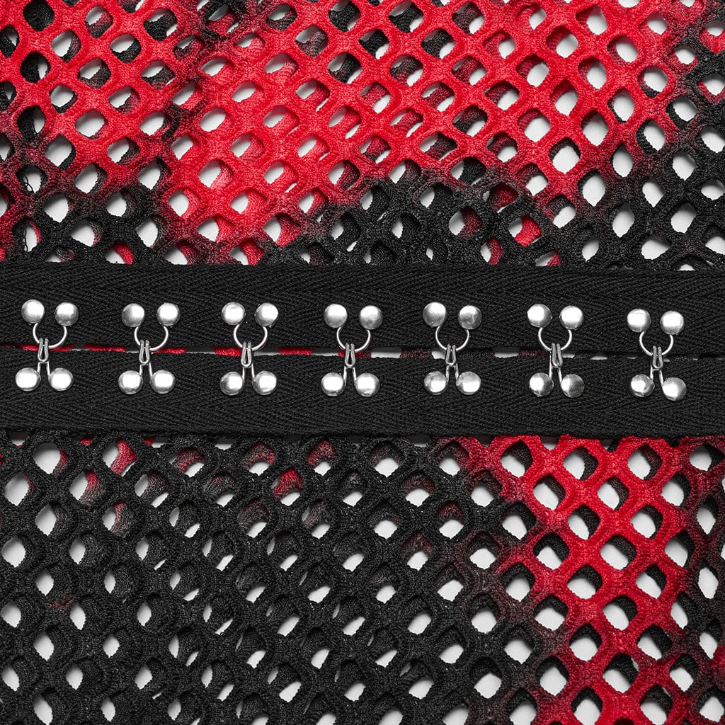 Damen Punk Mesh Batik-Crop-Top mit langen Ärmeln in Schwarz-Rot - Gothic Shop