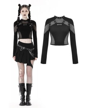 Damen Punk Mesh Splice Eyelet Crop Top - Gothic Shop