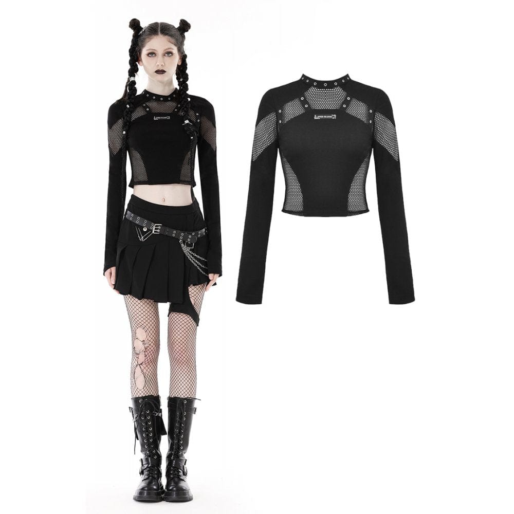 Damen Punk Mesh Splice Eyelet Crop Top - Gothic Shop