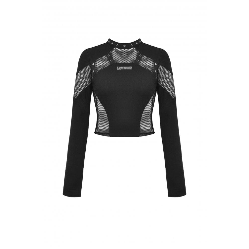Damen Punk Mesh Splice Eyelet Crop Top - Gothic Shop
