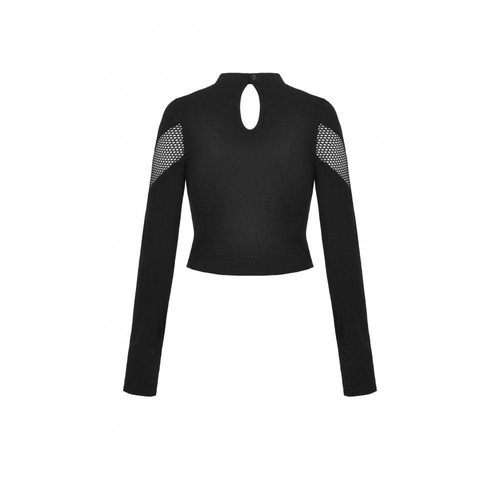 Damen Punk Mesh Splice Eyelet Crop Top - Gothic Shop