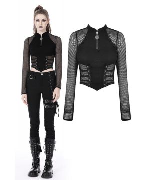 Damen Punk Mesh Splice Eyelets Crop Top - Gothic Shop