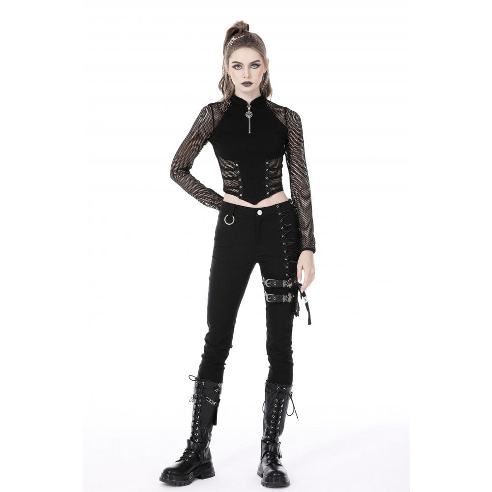 Damen Punk Mesh Splice Eyelets Crop Top - Gothic Shop