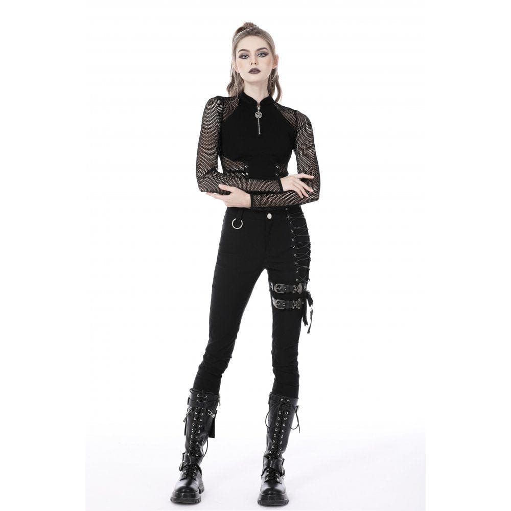 Damen Punk Mesh Splice Eyelets Crop Top - Gothic Shop