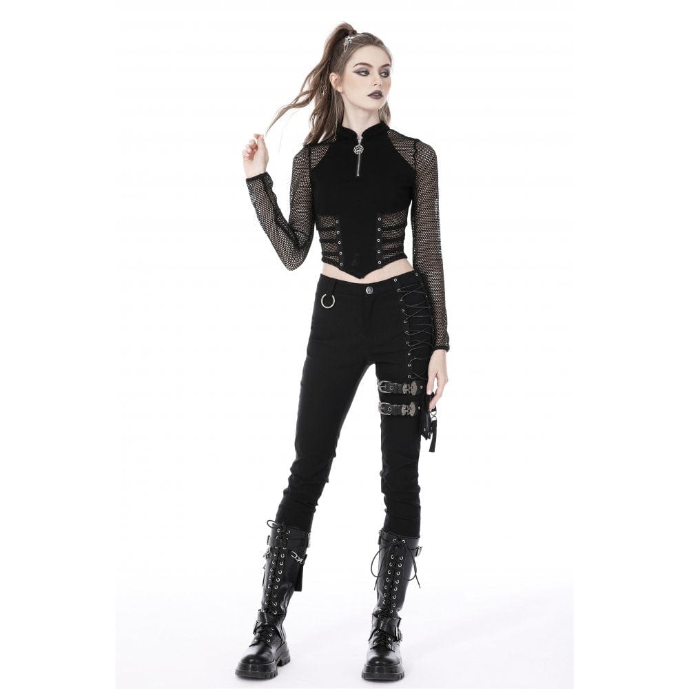 Damen Punk Mesh Splice Eyelets Crop Top - Gothic Shop