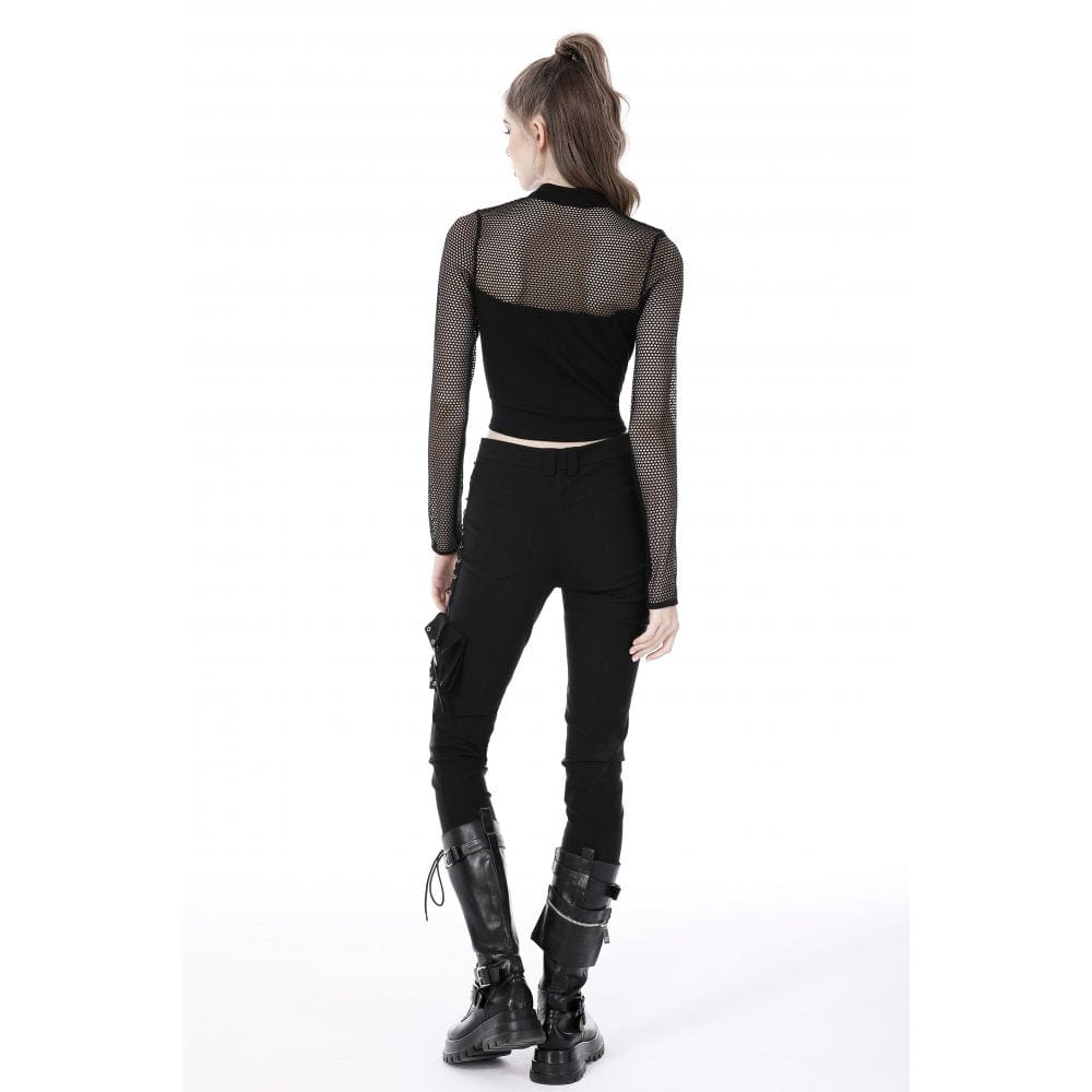 Damen Punk Mesh Splice Eyelets Crop Top - Gothic Shop