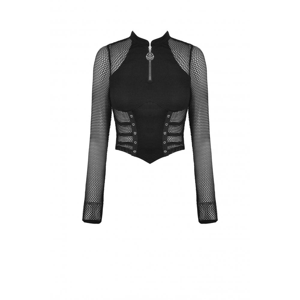 Damen Punk Mesh Splice Eyelets Crop Top - Gothic Shop