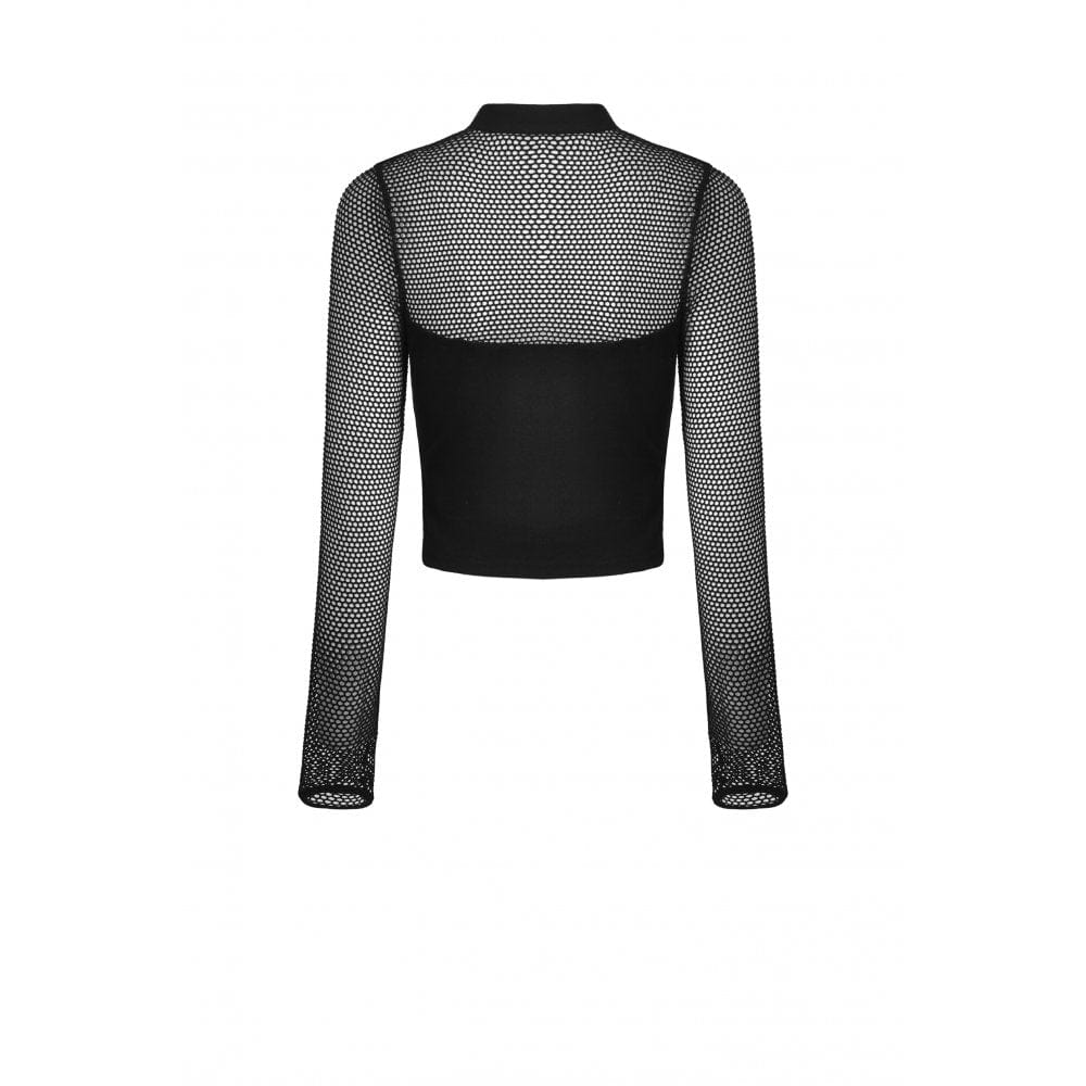 Damen Punk Mesh Splice Eyelets Crop Top - Gothic Shop
