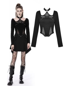 Damen Punk Mesh Splice Neckholder Crop Top - Gothic Shop