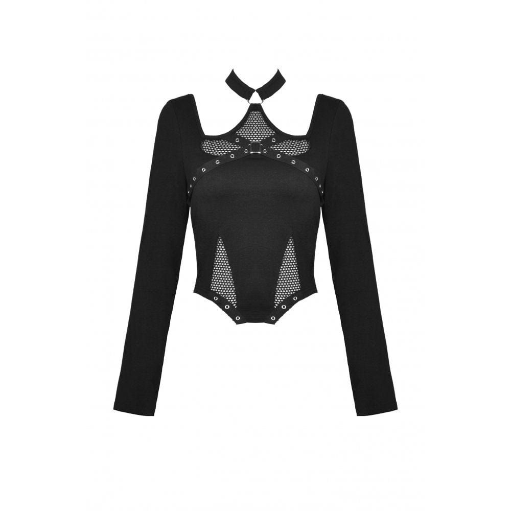 Damen Punk Mesh Splice Neckholder Crop Top - Gothic Shop