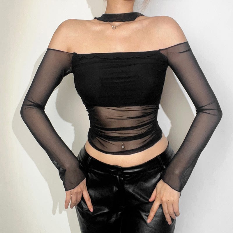 Damen Punk Mesh Splice Neckholder Crop Top - Gothic Shop