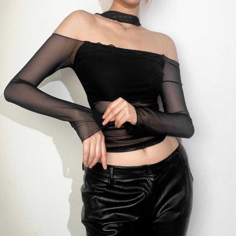 Damen Punk Mesh Splice Neckholder Crop Top - Gothic Shop