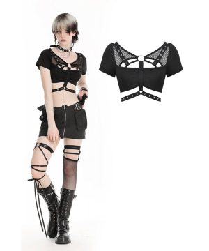 Damen Punk Mesh Splice Strap Crop Top - Gothic Shop