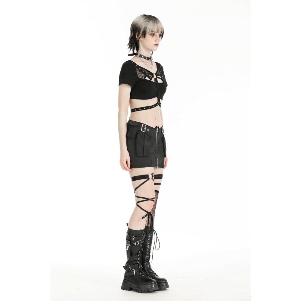 Damen Punk Mesh Splice Strap Crop Top - Gothic Shop