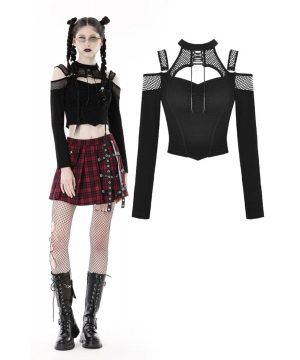 Damen Punk Off Shoulder Mesh Splice Crop Top - Gothic Shop