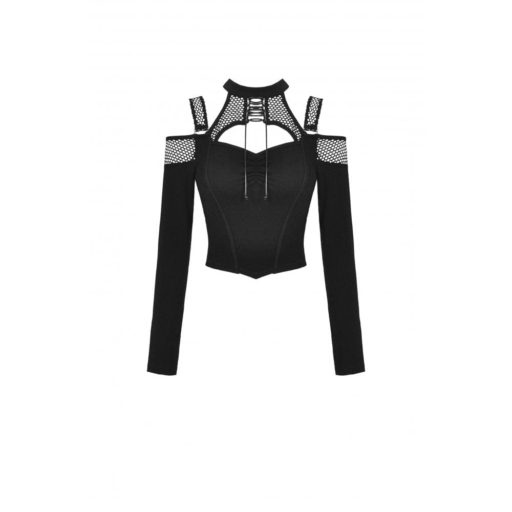 Damen Punk Off Shoulder Mesh Splice Crop Top - Gothic Shop