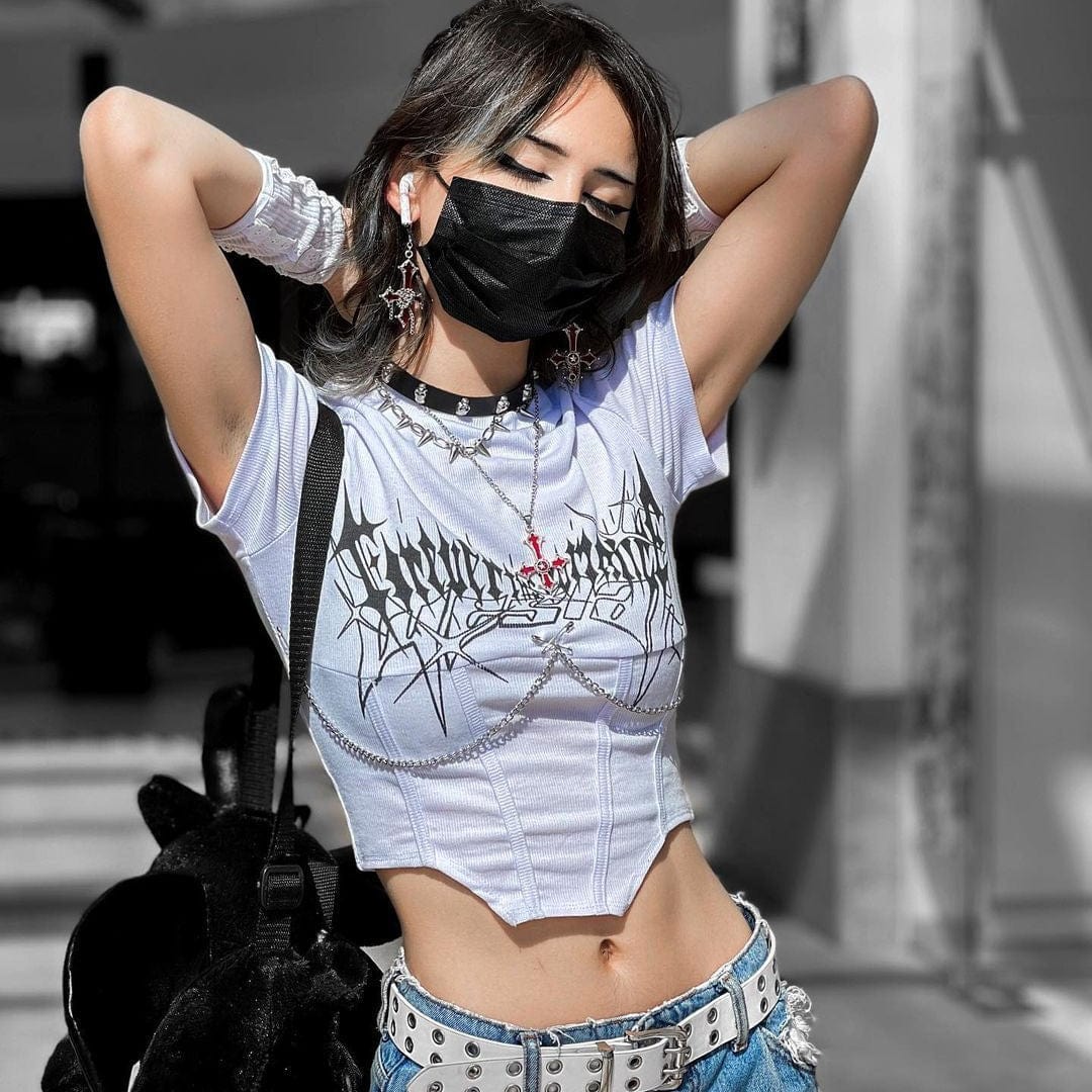 Damen Punk Rock Metal Chain Kurzärmeliges Crop Top - Gothic Shop