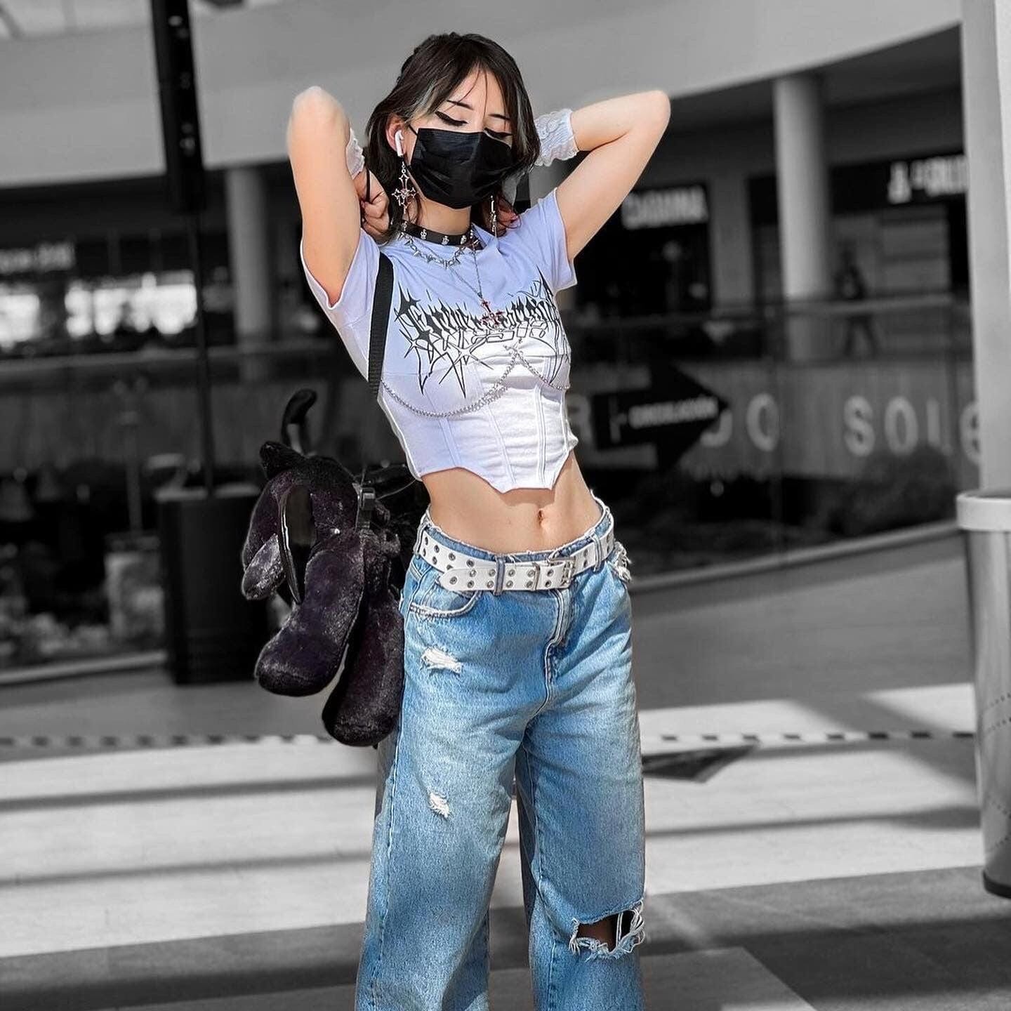 Damen Punk Rock Metal Chain Kurzärmeliges Crop Top - Gothic Shop