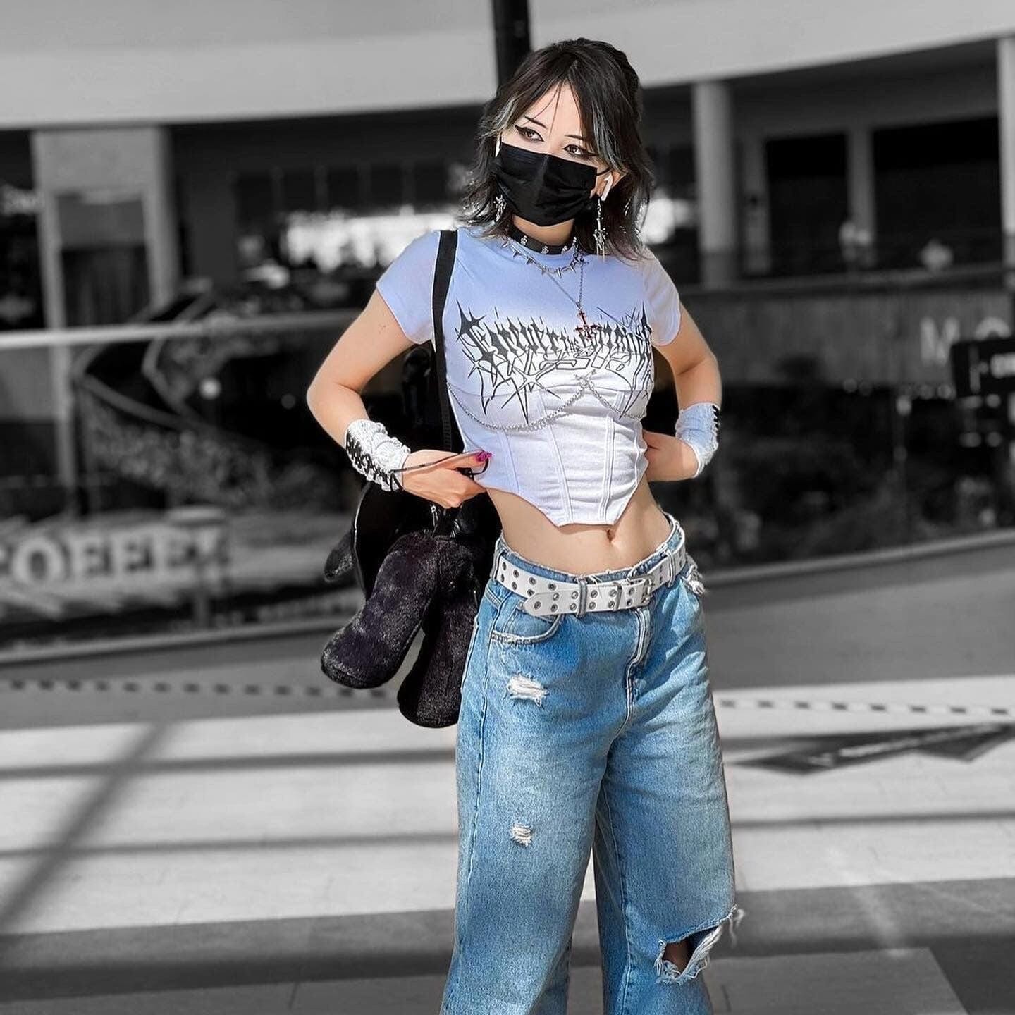 Damen Punk Rock Metal Chain Kurzärmeliges Crop Top - Gothic Shop