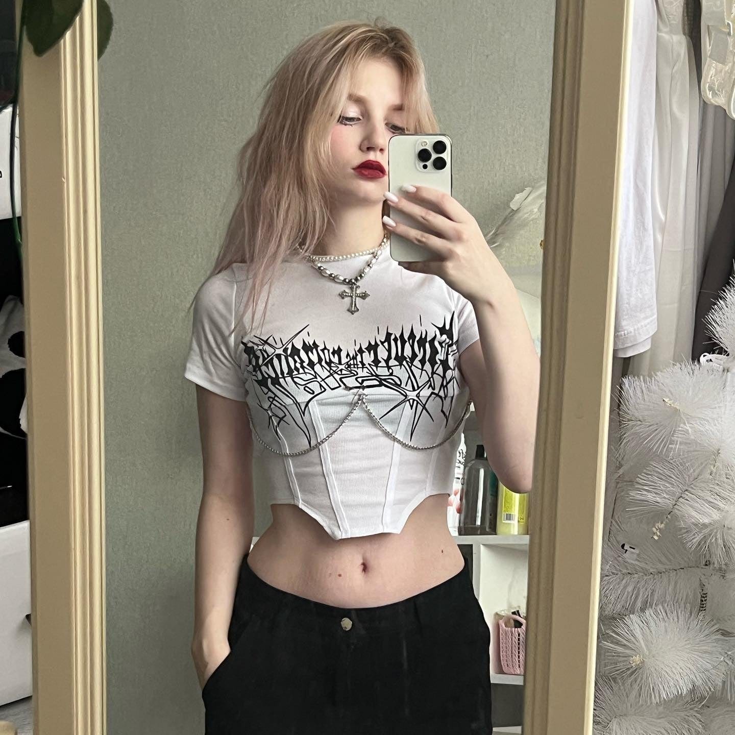 Damen Punk Rock Metal Chain Kurzärmeliges Crop Top - Gothic Shop
