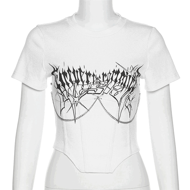 Damen Punk Rock Metal Chain Kurzärmeliges Crop Top - Gothic Shop