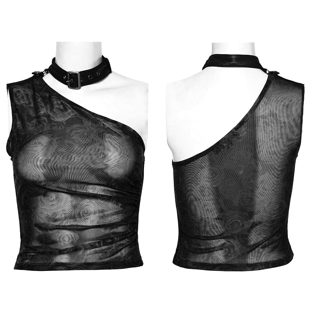 Damen Punk Slash Shoulder Neckholder Mesh Tank Top Schwarz - Gothic Shop