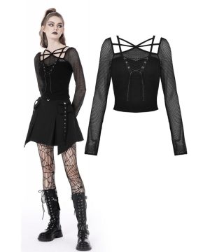 Damen Punk Strappy Mesh Splice Crop Top - Gothic Shop