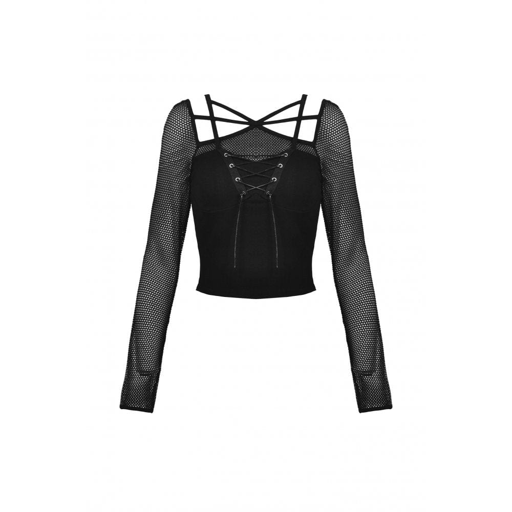 Damen Punk Strappy Mesh Splice Crop Top - Gothic Shop