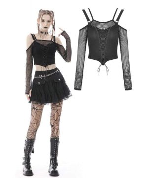 Damen Punk Strappy Off Shoulder Mesh Crop Top - Gothic Shop