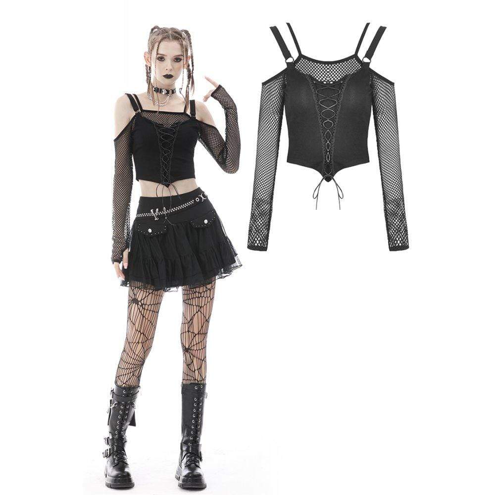 Damen Punk Strappy Off Shoulder Mesh Crop Top - Gothic Shop