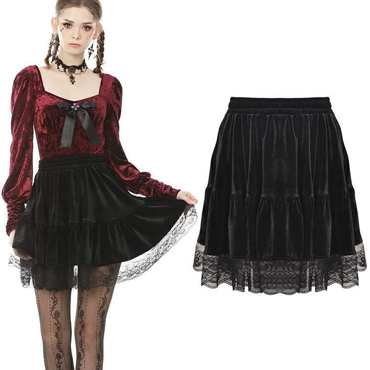 Damen Vintage Gothic Rüschen Velet Miniröcke mit Spitzensaum - Gothic Shop