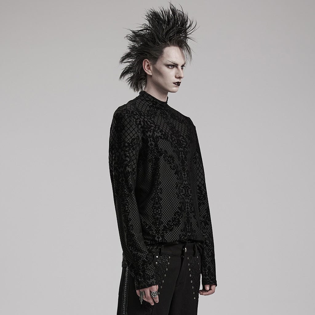 Herren-Gothic-Hemd mit kleinem hohem Kragen und Beflockungsdruck - Gothic Shop