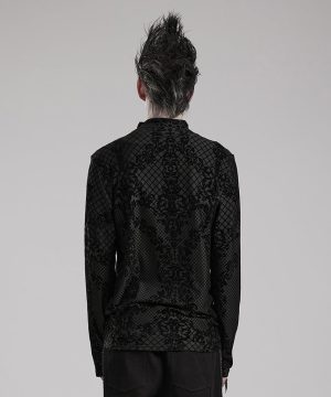 Herren-Gothic-Hemd mit kleinem hohem Kragen und Beflockungsdruck - Gothic Shop