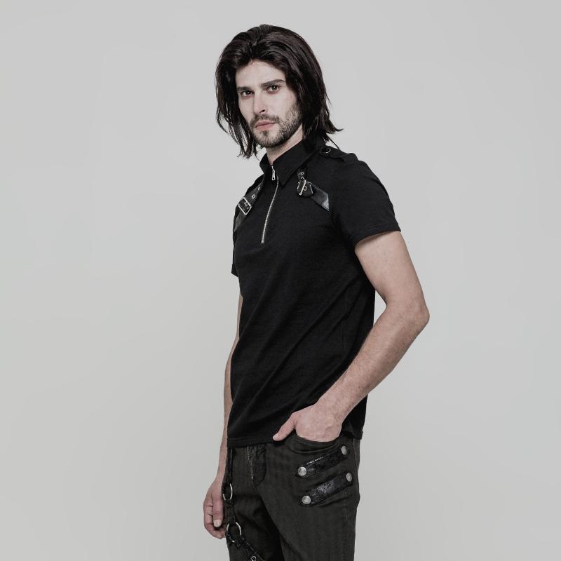 Herren-Militär-T-Shirt mit Stehkragen, Reißverschluss, Schnalle und Deko - Gothic Shop