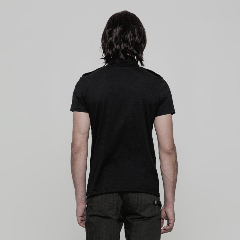 Herren-Militär-T-Shirt mit Stehkragen, Reißverschluss, Schnalle und Deko - Gothic Shop