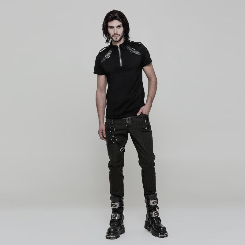 Herren-Militär-T-Shirt mit Stehkragen, Reißverschluss, Schnalle und Deko - Gothic Shop