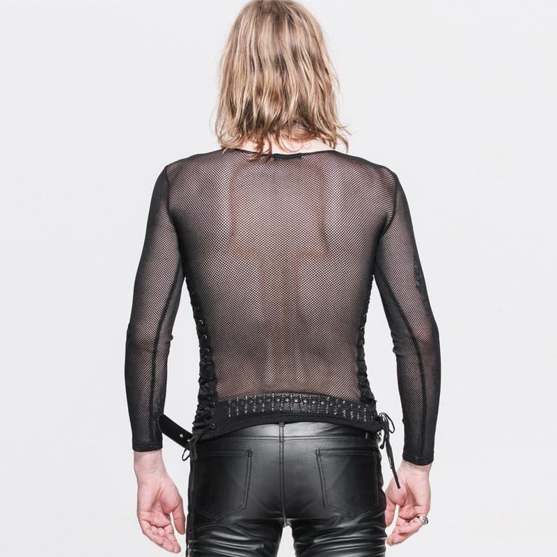 Herren-Punk-T-Shirt mit durchgehendem Mesh-String und seitlicher Schnürung mit Ösen - Gothic Shop