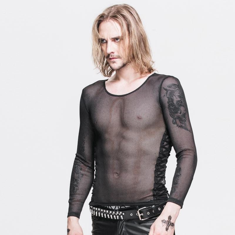 Herren-Punk-T-Shirt mit durchgehendem Mesh-String und seitlicher Schnürung mit Ösen - Gothic Shop