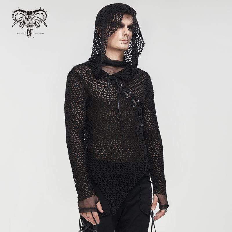Herren Gothic Strappy unregelmäßiges Mesh-Shirt mit Kapuze - Gothic Shop