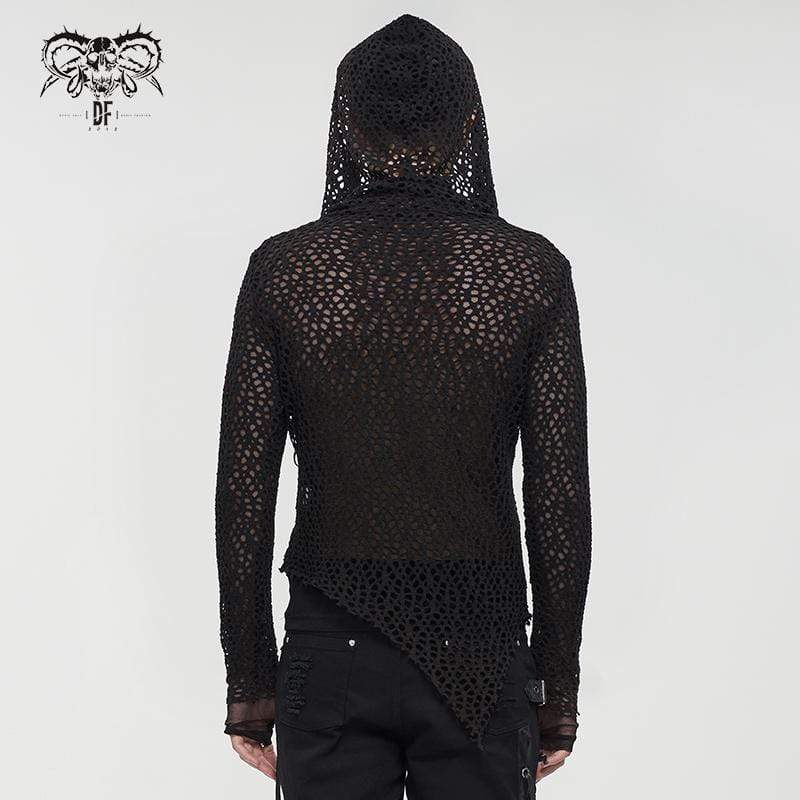 Herren Gothic Strappy unregelmäßiges Mesh-Shirt mit Kapuze - Gothic Shop