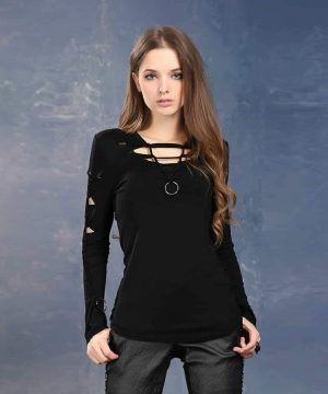 Damen-Oberteil in Distressed-Optik mit zerrissenen Details in Hüftlänge - Gothic Shop